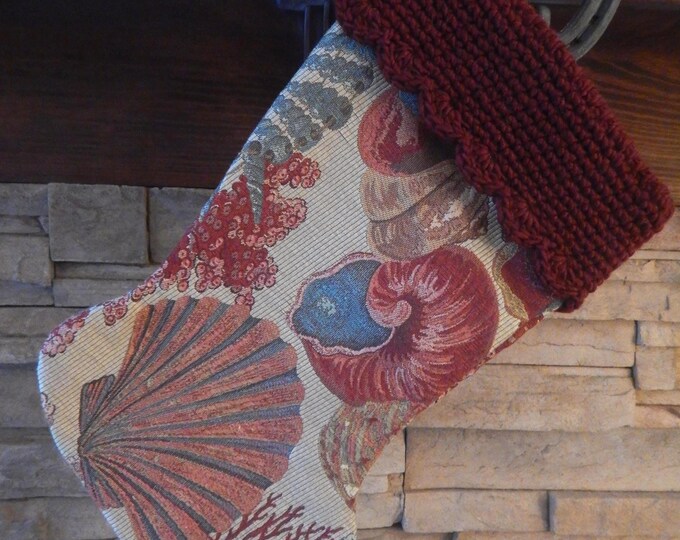 15" Handmade seashells tapestry Christmas Stocking with wool cuff