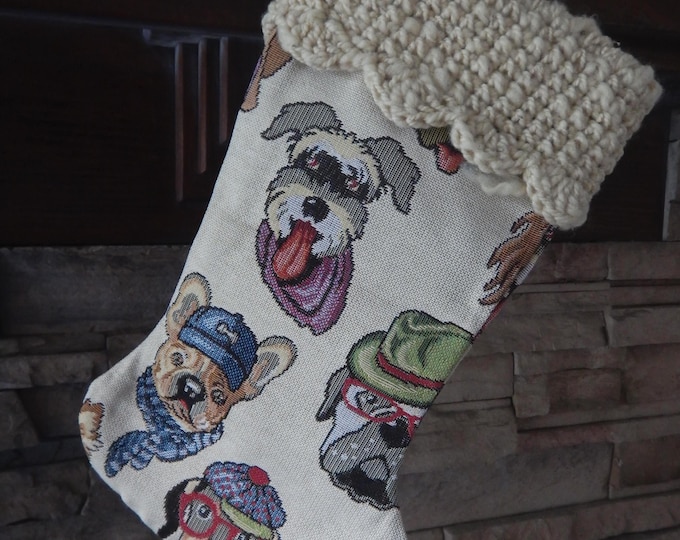 15" Handmade Laughing Dog tapestry Christmas Stocking with wool cuff