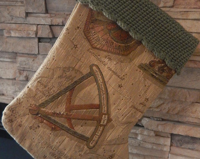 22" Handmade Nautical Navigation Tapestry Christmas Stocking with wool cuff