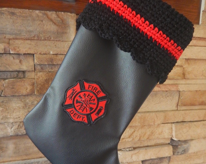 15" Handmade Faux leather Firefighter Christmas Stocking with wool cuff