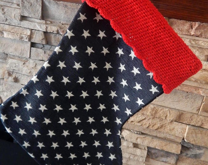22" Handmade Red white and blue star tapestry Christmas Stocking with wool cuff