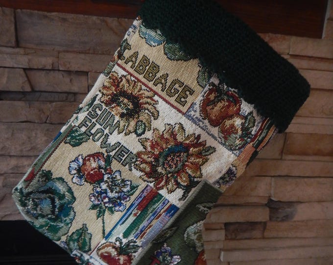 22" Handmade Sunflower/Cabbage Tapestry Christmas Stocking with wool cuff