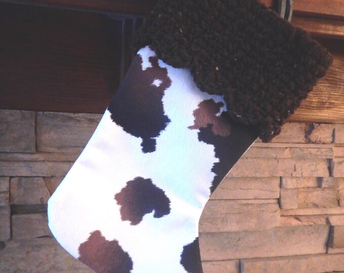 15" Handmade Faux Cow hide Christmas Stocking with wool cuff