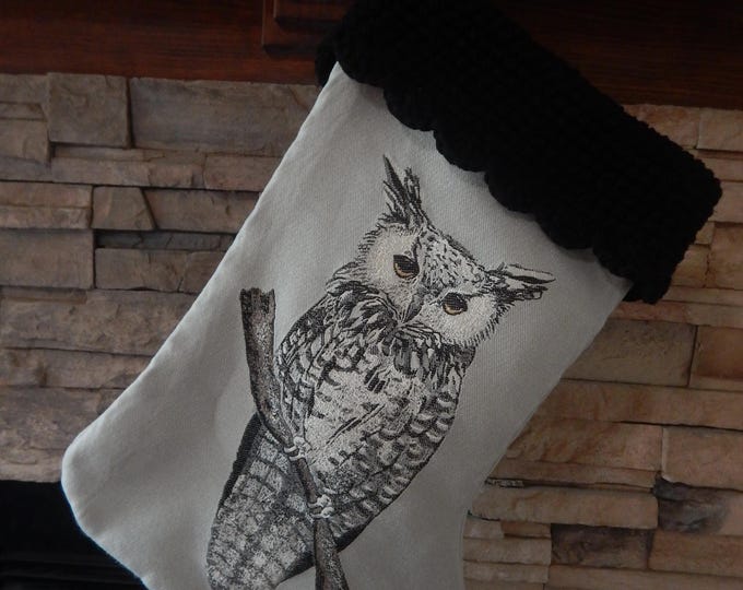 22" Handmade Owl Tapestry Christmas Stocking with wool cuff