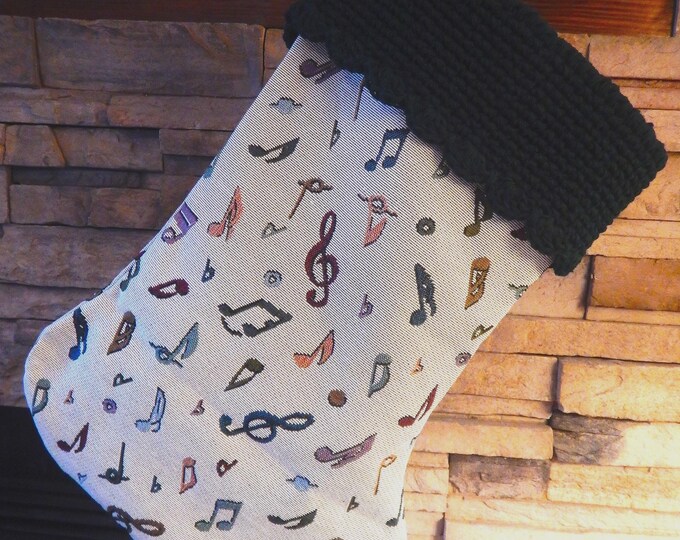 22" Handmade Musical Notes tapestry Christmas Stocking with wool cuff
