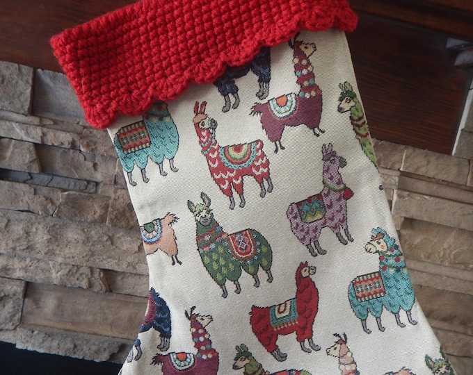 22" Handmade Llama/Alpaca tapestry Christmas Stocking with wool cuff