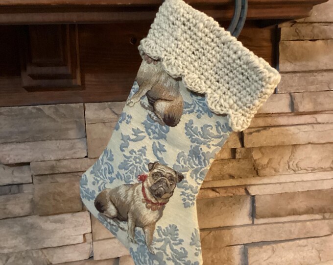 15" Handmade Pug tapestry Christmas Stocking with wool cuff
