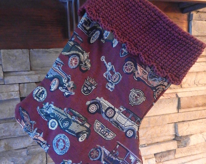 22" Handmade Vintage Cars/trucks tapestry Christmas Stocking