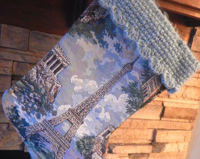 22" Handmade Eiffel Tower tapestry Christmas Stocking