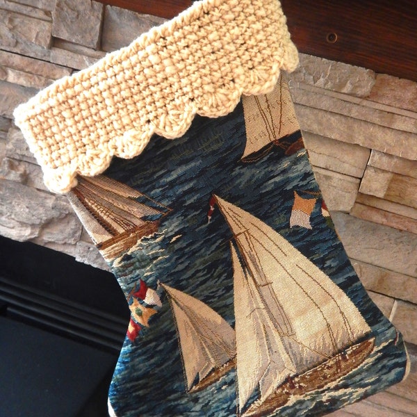 22" Handmade Sailboat tapestry Christmas Stocking with wool cuff