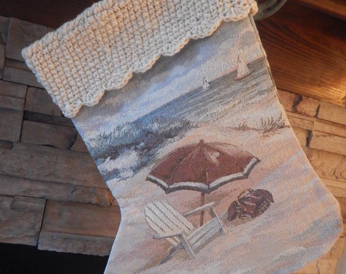 22" Handmade Beach tapestry scene Christmas stocking with wool cuff