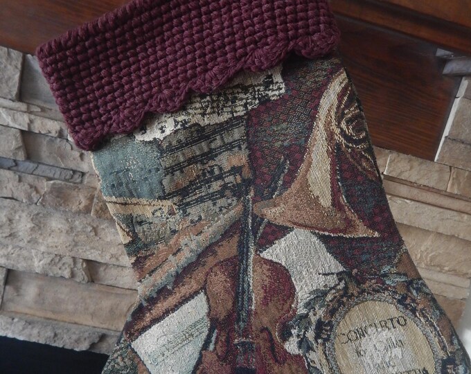 22" Handmade Violin Tapestry Christmas Stocking with wool cuff