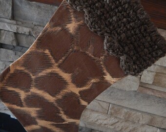 15" Handmade giraffe print Christmas Stocking with wool cuff