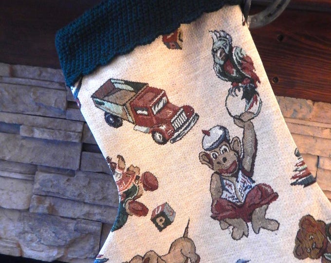 22" Handmade Vintage Children's Toys tapestry scene Christmas Stocking