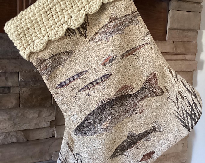 22" Handmade trout/fish tapestry Christmas Stocking with wool cuff