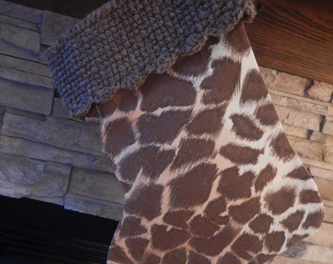 22" Handmade Giraffe Print Christmas Stocking with wool cuff