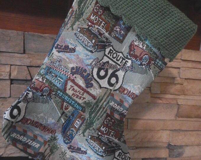 22" Handmade Route 66 tapestry scene Christmas Stocking