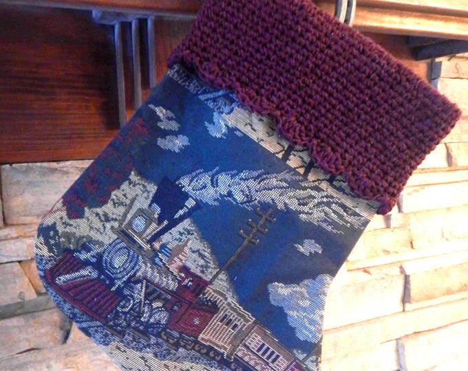 16" Handmade Steam Engine Train tapestry Christmas Stocking