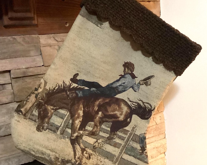 26" Handmade Rodeo Cowboy tapestry Christmas Stocking with wool cuff