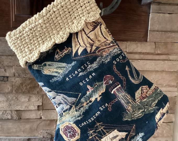 22" Handmade Sailboat tapestry Christmas Stocking with wool cuff