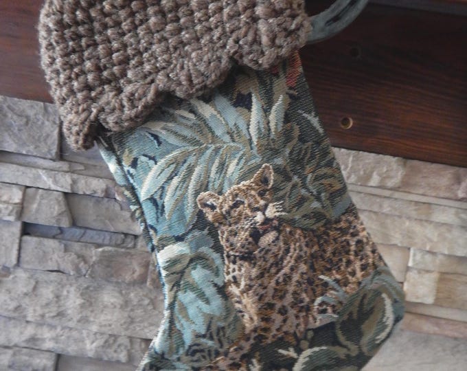 15" Handmade leopard tapestry Christmas Stocking with wool cuff