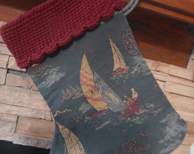 22" Handmade Sailboat tapestry Christmas Stocking