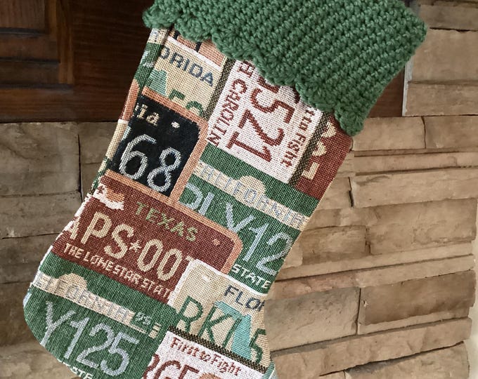 15" Handmade License plate tapestry Christmas Stocking with 100% wool cuff