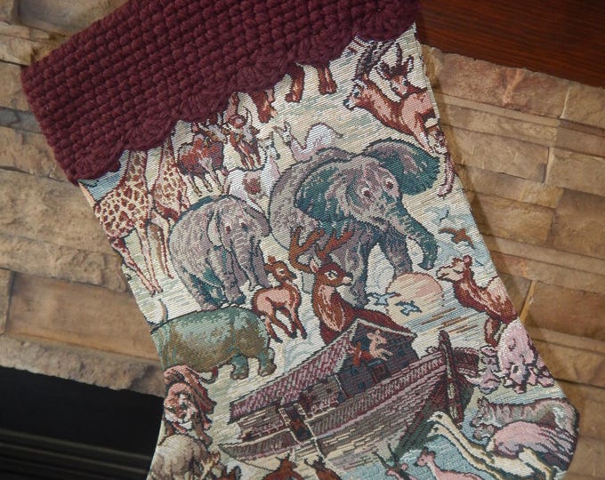 22" Handmade Noah's Ark Tapestry Christmas Stocking with wool cuff