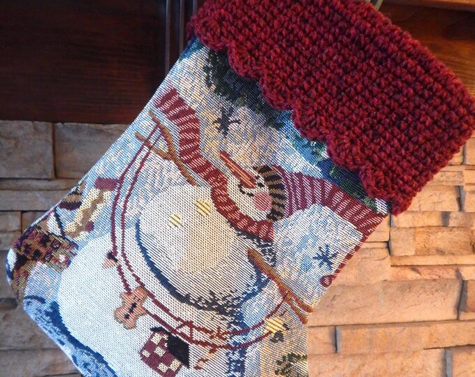 16" Handmade Snowman tapestry Christmas Stocking with wool cuff