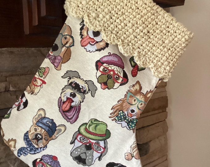 22" Handmade Funny Dogs with hats tapestry Christmas Stocking with wool cuff
