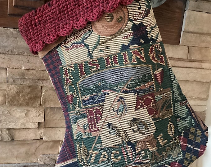 22" Handmade Fishing tapestry Christmas Stocking with wool cuff