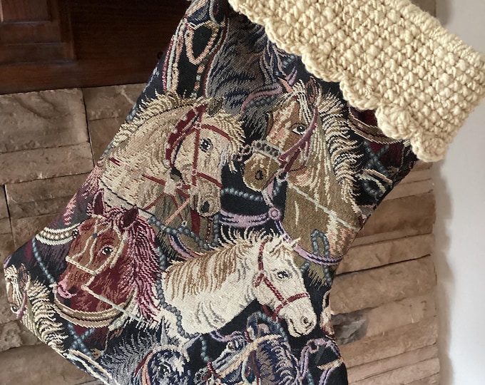 22" Handmade Horses tapestry Christmas Stocking with wool cuff