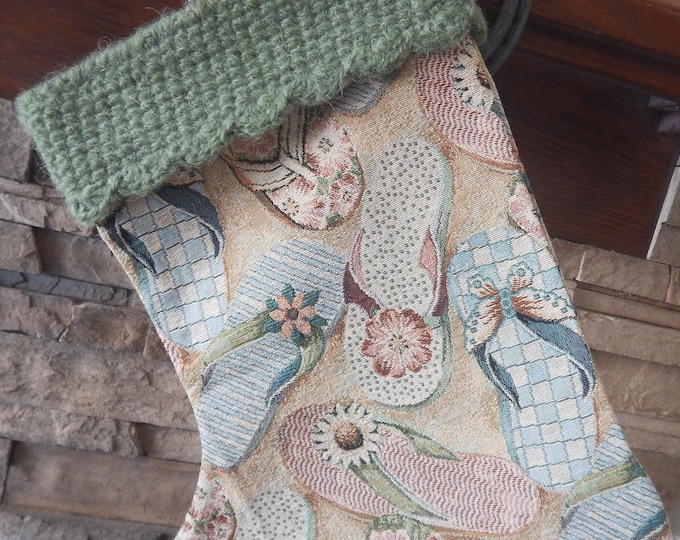 22" Handmade Flipflop tapestry Christmas Stocking with wool cuff