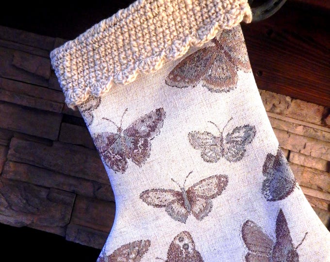 22" Handmade butterfly tapestry Christmas Stocking with wool cuff