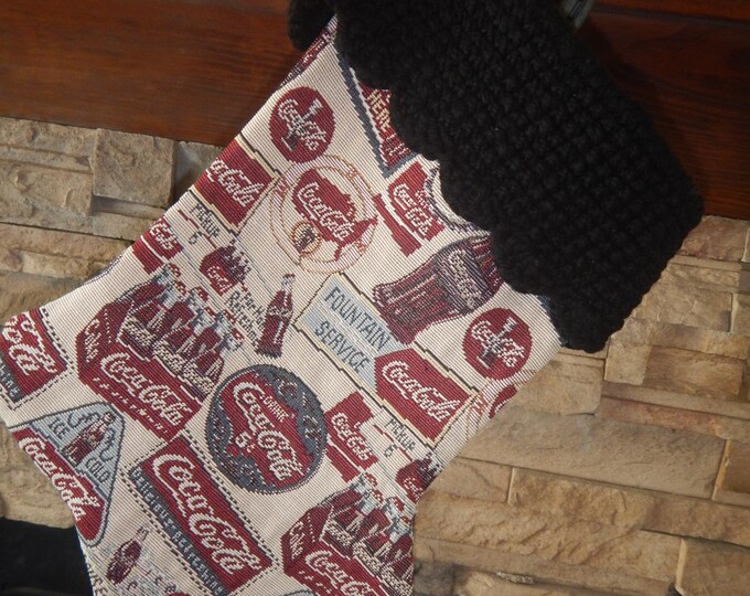 22" Handmade Coca-Cola tapestry Christmas Stocking with wool cuff