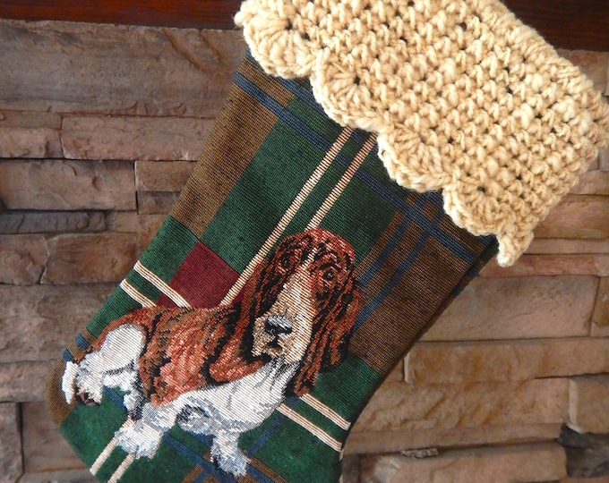 15" Handmade Basset Hound Tapestry Christmas Stocking with wool cuff