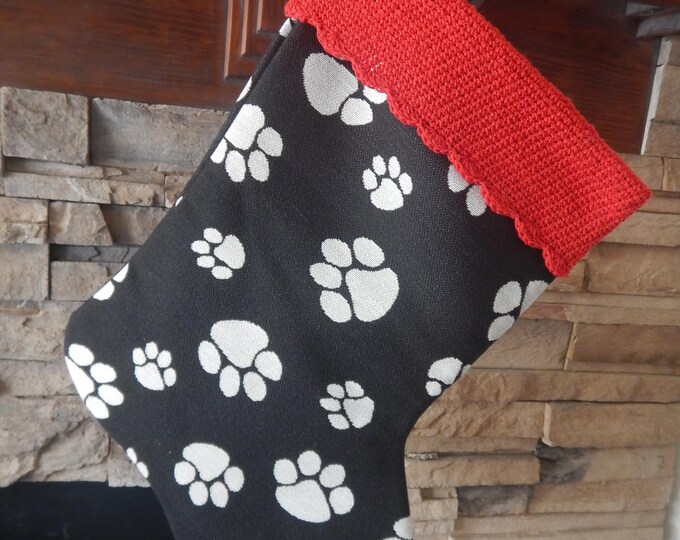 22" Handmade Paw Print tapestry Christmas Stocking with wool cuff