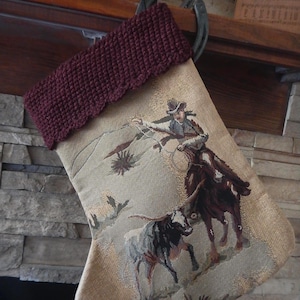 22" Handmade Longhorn cow & cowboy tapestry Christmas Stocking
