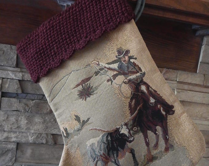 22" Handmade Longhorn cow & cowboy tapestry Christmas Stocking
