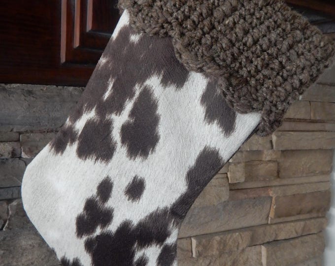 15" Handmade Faux Cow Hide leather Christmas Stocking with wool cuff
