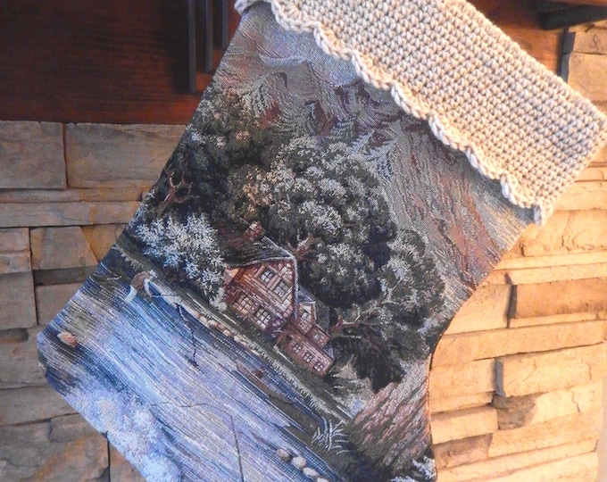 22" Handmade Log Cabin tapestry scene Christmas Stocking
