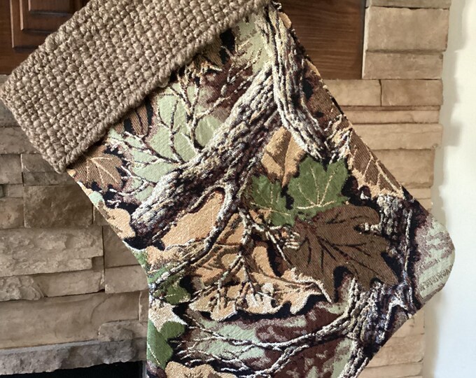 22" Handmade Camo tapestry Christmas Stocking with wool cuff