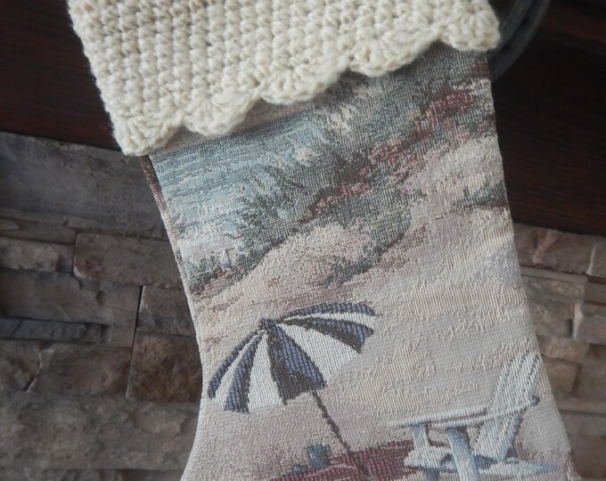 15" Handmade Beach tapestry scene Christmas stocking with wool cuff