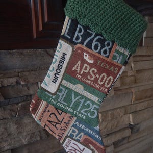 15&quot; Handmade License plate tapestry Christmas Stocking with 100% wool cuff