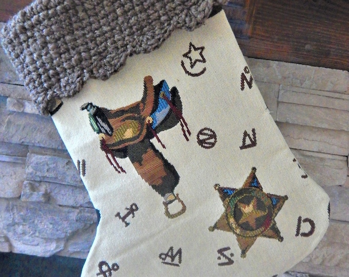 22" Handmade sheriff cowboy tapestry Christmas Stocking with Wool Cuff