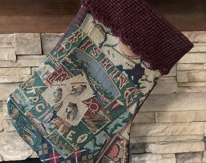 22" Handmade Fishing tapestry Christmas Stocking with wool cuff
