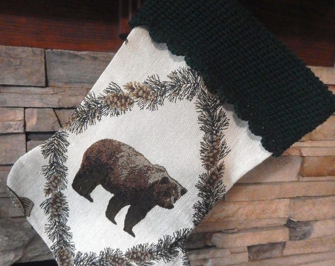 22" Handmade Bear tapestry Christmas Stocking with wool cuff