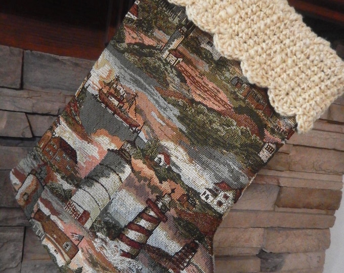 22" Handmade Lighthouse scene Christmas Stocking with wool cuff