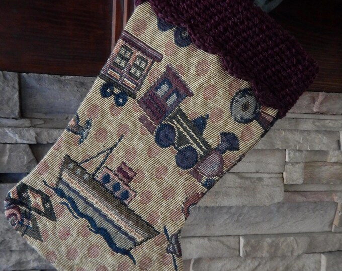 15" Handmade Vintage Boat/Train/Toys tapestry Christmas Stocking