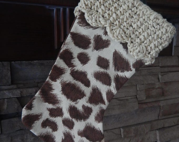 15" Handmade Giraffe print Christmas Stocking with wool cuff